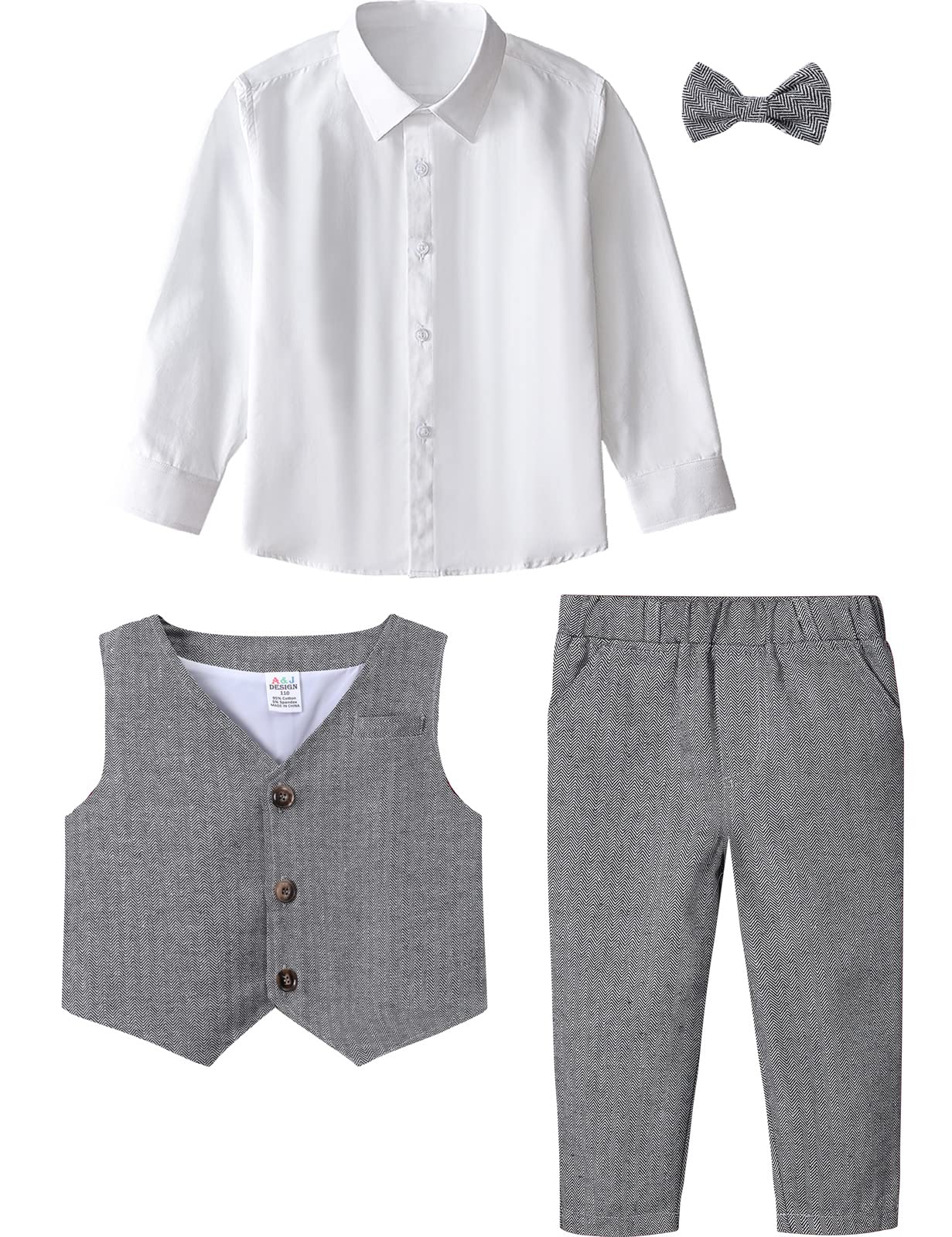 mintgreen Bébé Garçons Costumes, 3 Pièces Tenue en Tweed à Chevrons Ensemble de Vêtements de Baptême Chemise + Gilet + Pantalon + Nœud Papillon, 1-4 Ans