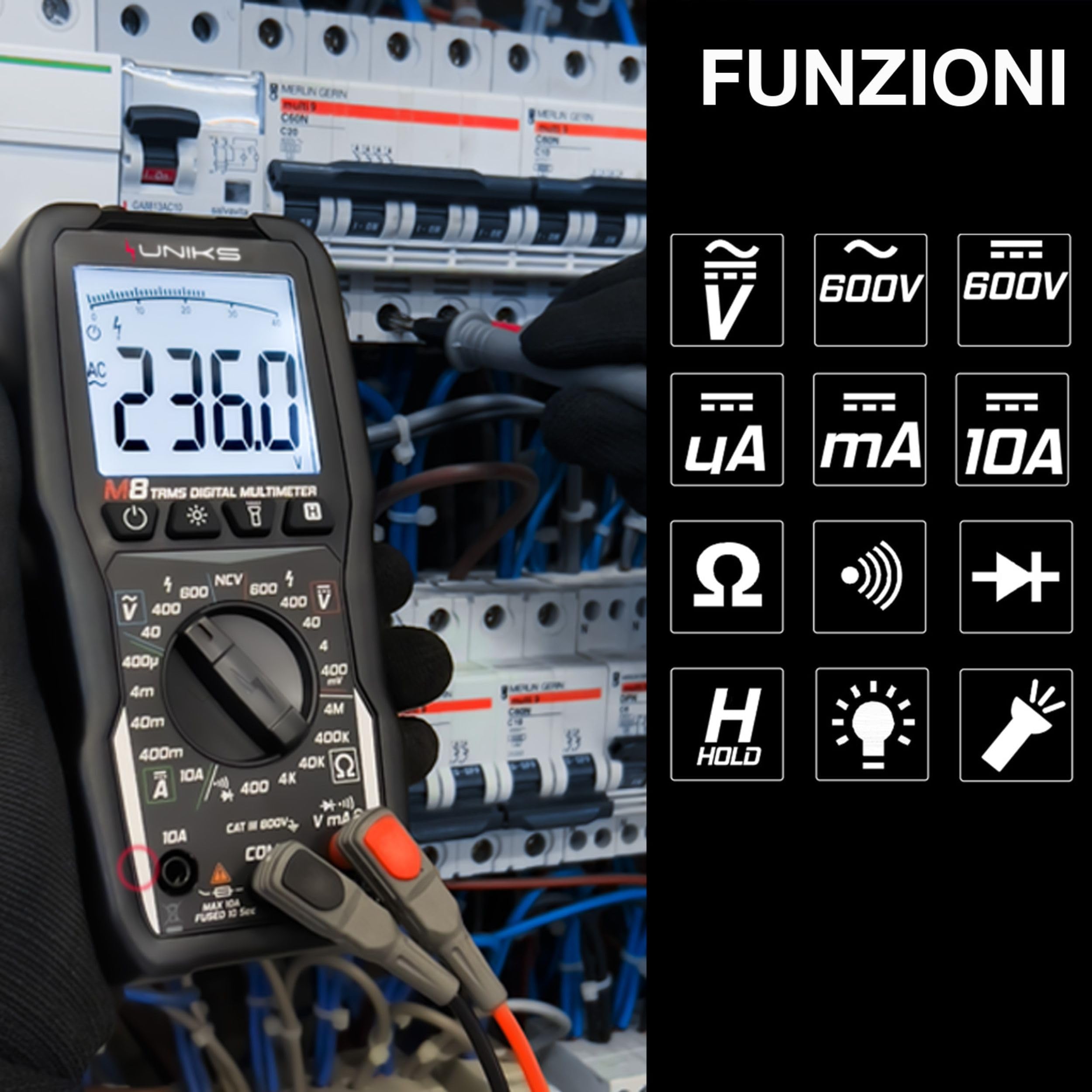 UNIKS M8 profesjonalny multimetr cyfrowy TRMS - multimetr 4000 zliczeń - cyfrowy tester wyświetlacza LCD i światła LED - profesjonalny multimetr z funkcją Bar-graph