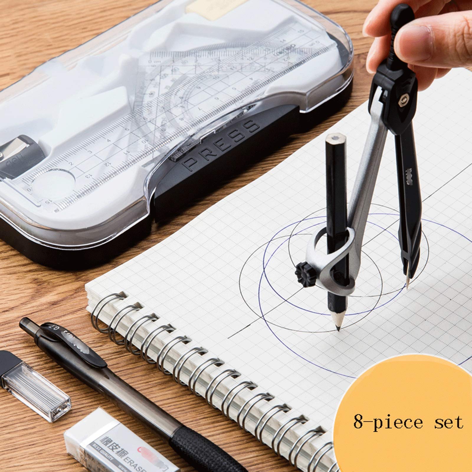 SwePer Kompasse, multifunktionales Schüler-Zeichenwerkzeug, Kompass-Set, 8-teiliges Mathe-Geometrie-Kit-Set, Schülerbedarf for Studenten und Messwerkzeuge for technische Zeichnungen (Color : A)