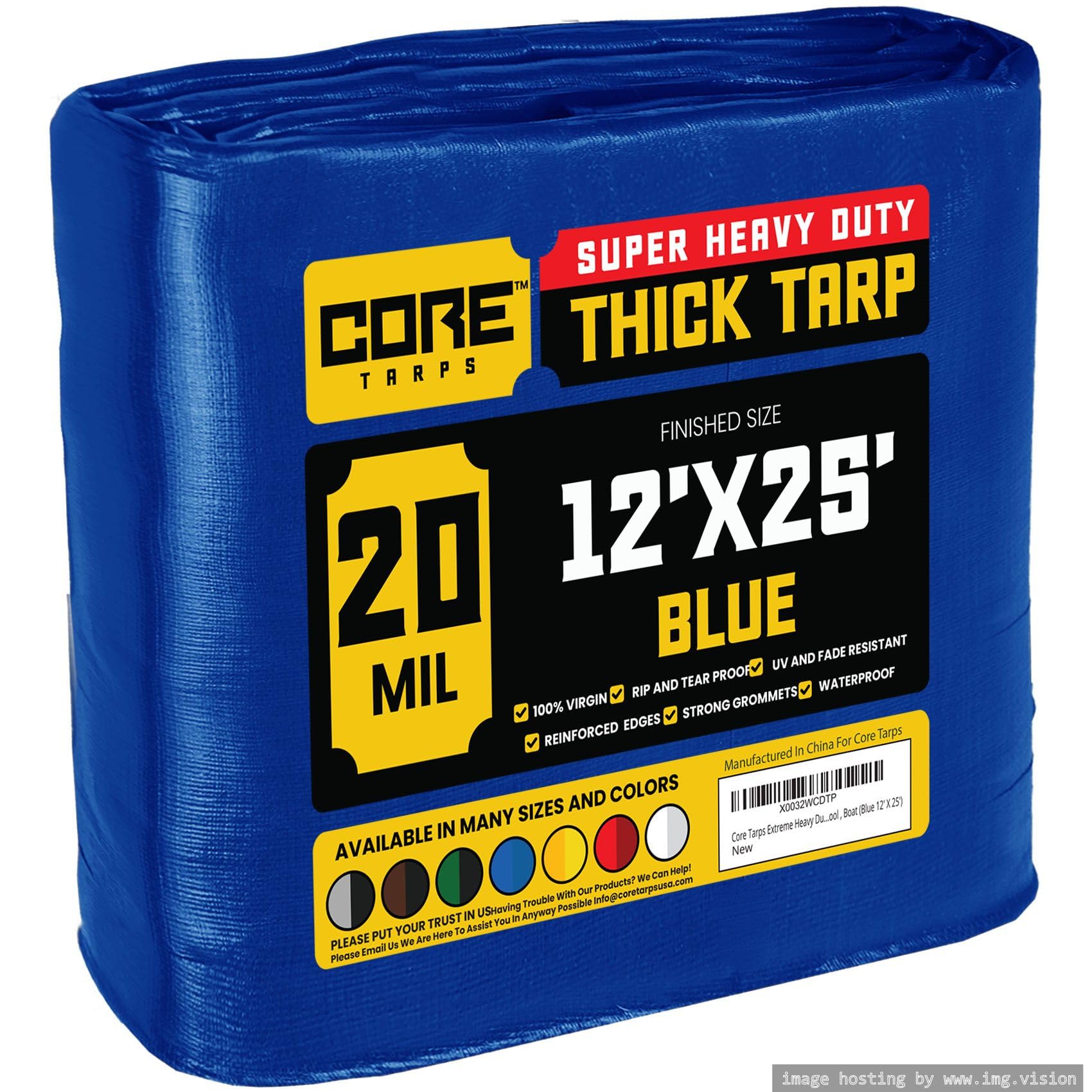 Core Tarps Extreme Heavy Duty 20 Mil Tarp Cover, Waterproof, UV Resistant, Rip and Tear Proof, Poly Tarpaulin with Reinforced Edges for Roof, Patio, Pool, Boat (Blue 12′ X 25′)
