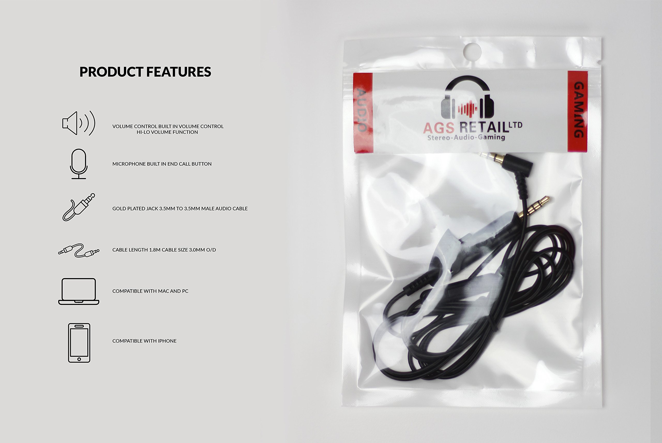 AGS Retail Ltd. Audio Cable Compatible with Bose QuietComfort QC15, QC2-1.8 m, Gold Plated, 3.5mm/3.5mm Jack - Image 4