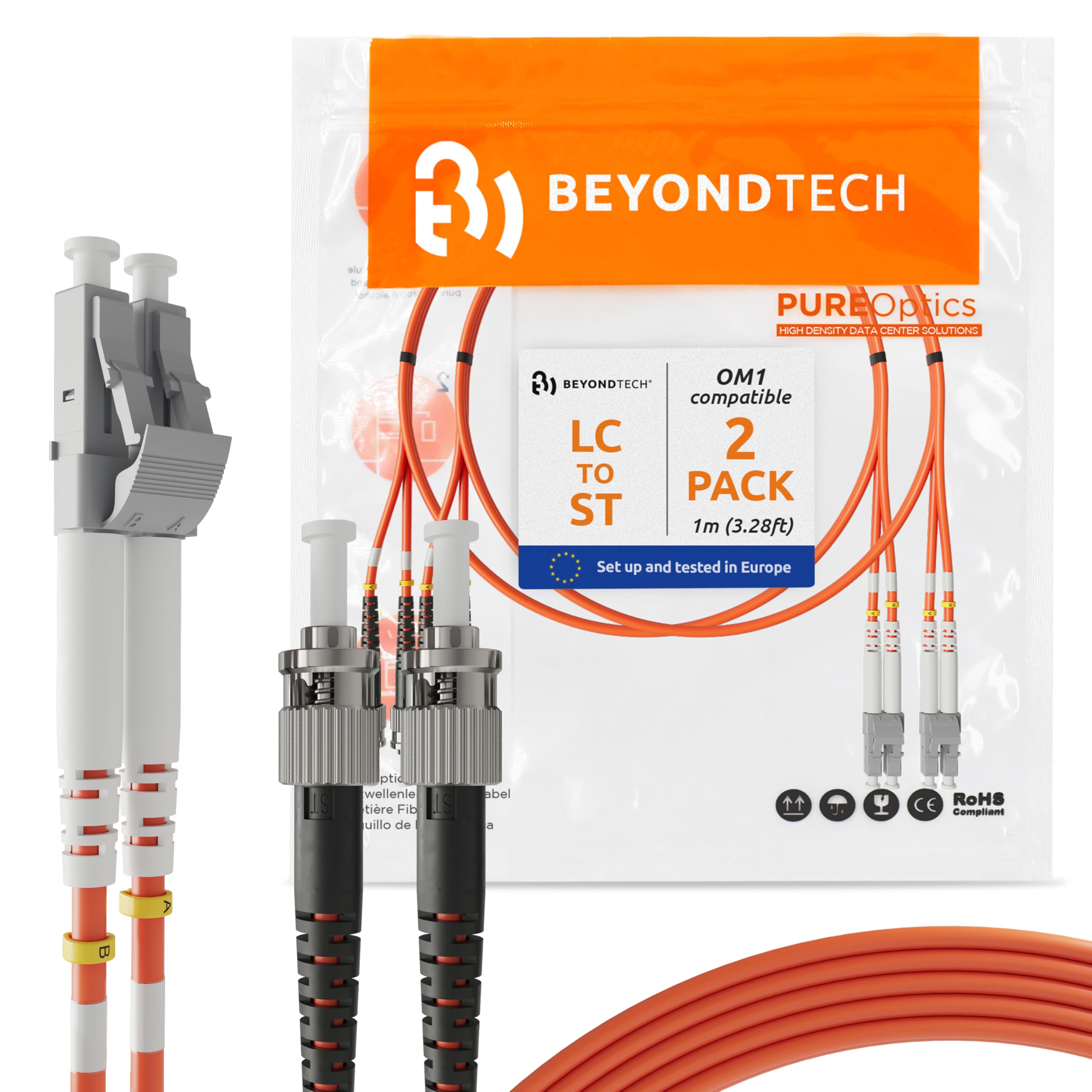 BEYONDTECH Lot de 2 câbles de raccordement en fibre optique duplex multimode LC vers ST de 1 m - Noyau 62,5/125 µm, compatible avec OM1 - LSZH PUREOptics Series