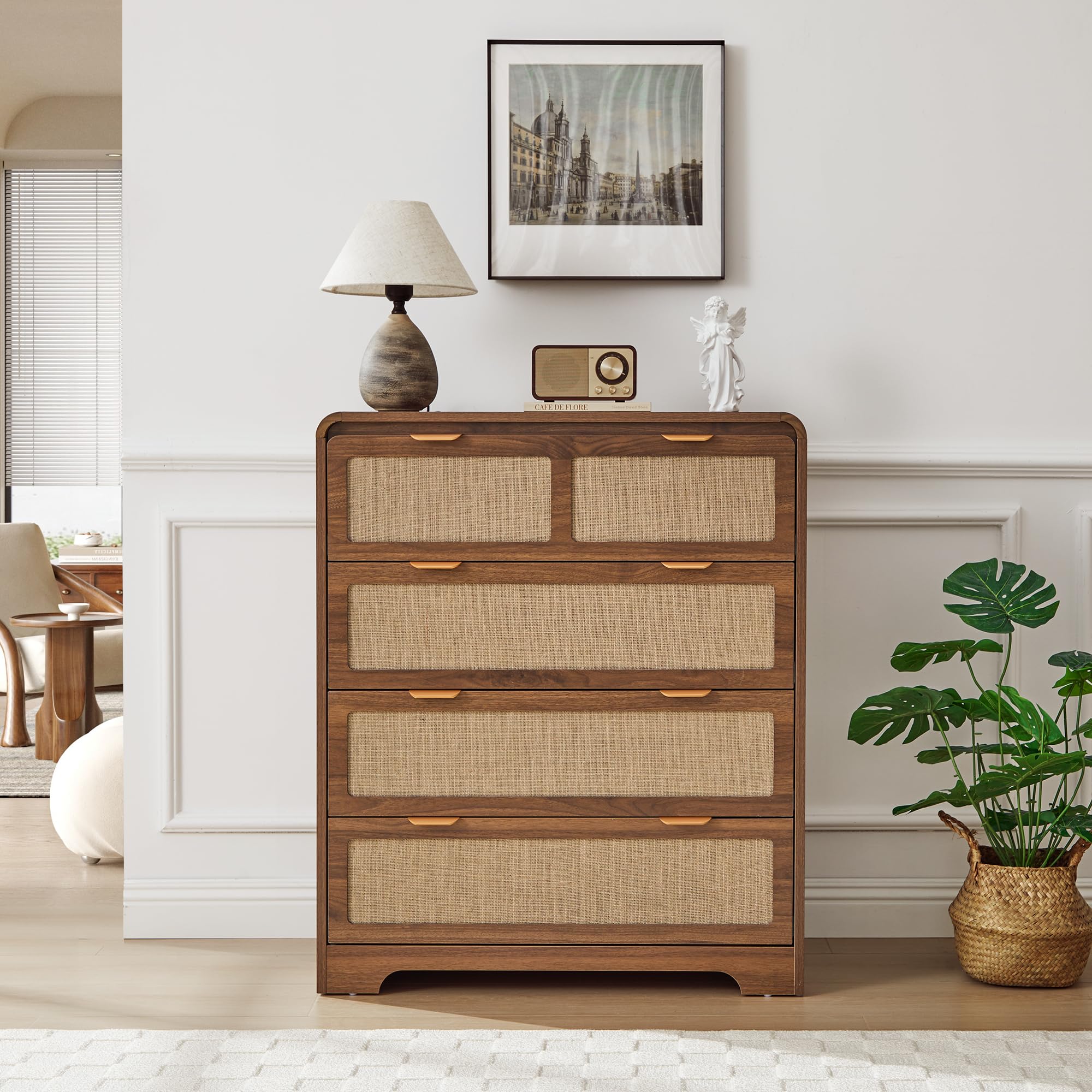 Amazon.com: SUJOUCRAFT 35" Tall Dresser with 4 Drawer for Bedroom,  Farmhouse Chest of Linen Decor Drawers with Bumper Curved Corner,  Mid-Century Wooden Storage Drawer Closet Organizer for Living Room, Hallway  : Home