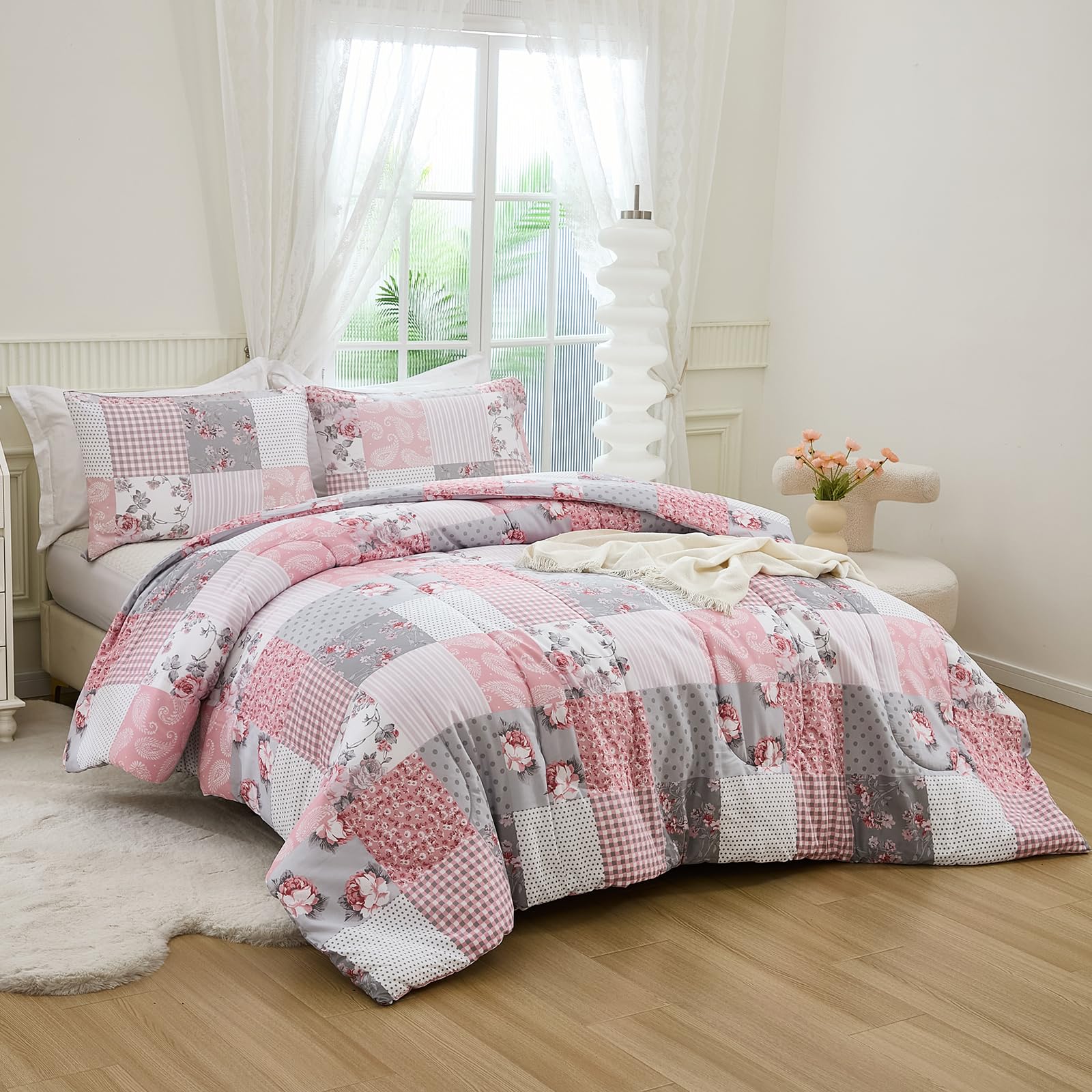 Herside Flower Plaid Duvet Cover Set Double Size Rose Floral Paisley Printed Pink Gray Grid Duvet Cover Farmhouse Bedding Cover 200x200cm 3PCS All Season with Zipper Closure - Image 3