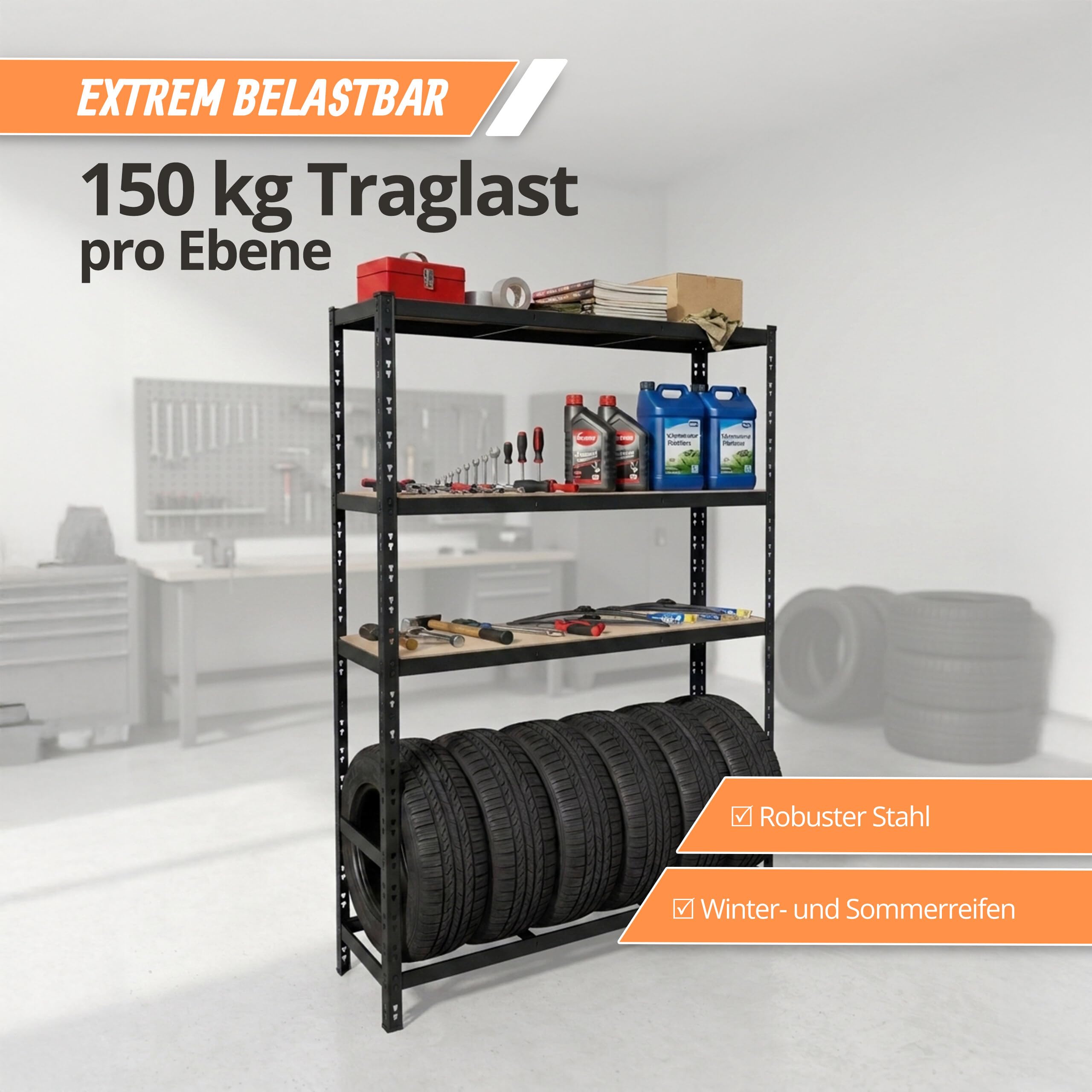 Relaxdays Reifenregal für 6 Reifen, HxBxT 180 x 120 x 40 cm, 600 kg, Stahl, Stecksystem, Reifenlager Werkstatt, schwarz