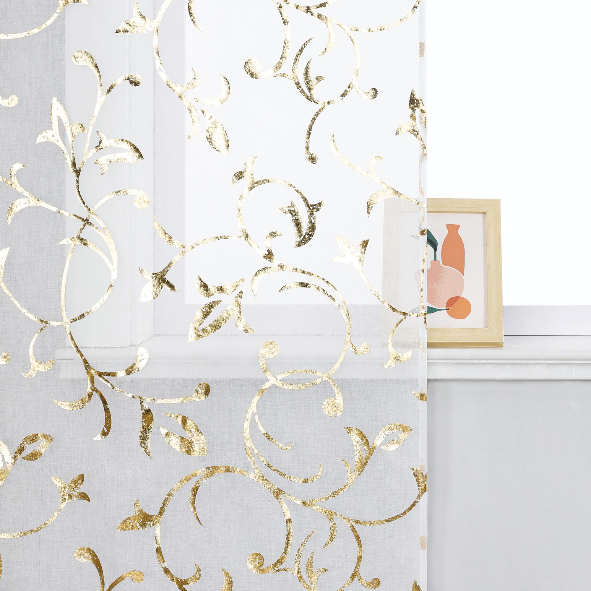 ESLIR Schiebevorhänge Set 2er Flächenvorhänge mit Klettband Schiebegardinen Transparent Gardinenschals Transparent Vorhang mit geprägtem Rankenmuster Gold BxH 57x145 cm 2 Stück