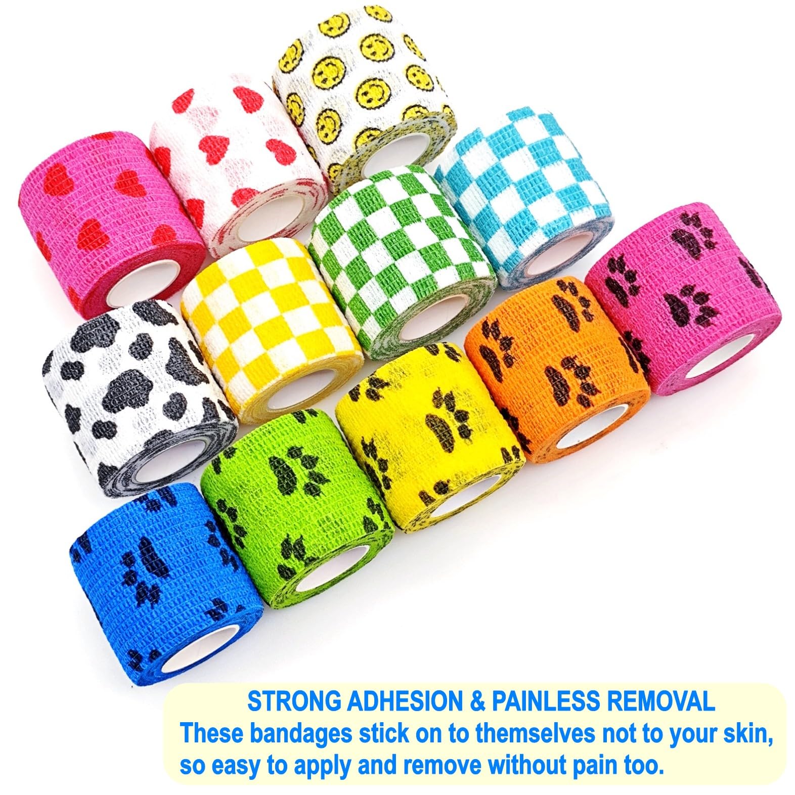 JZK 12 Rollos vendaje cohesivo 5 cm x 4,5 m, venda elástico autoadhesivo para mascotas y humanos, cinta banda elástica adhesiva para vendaje patas, pies y patas de perros y gatos, multicolor