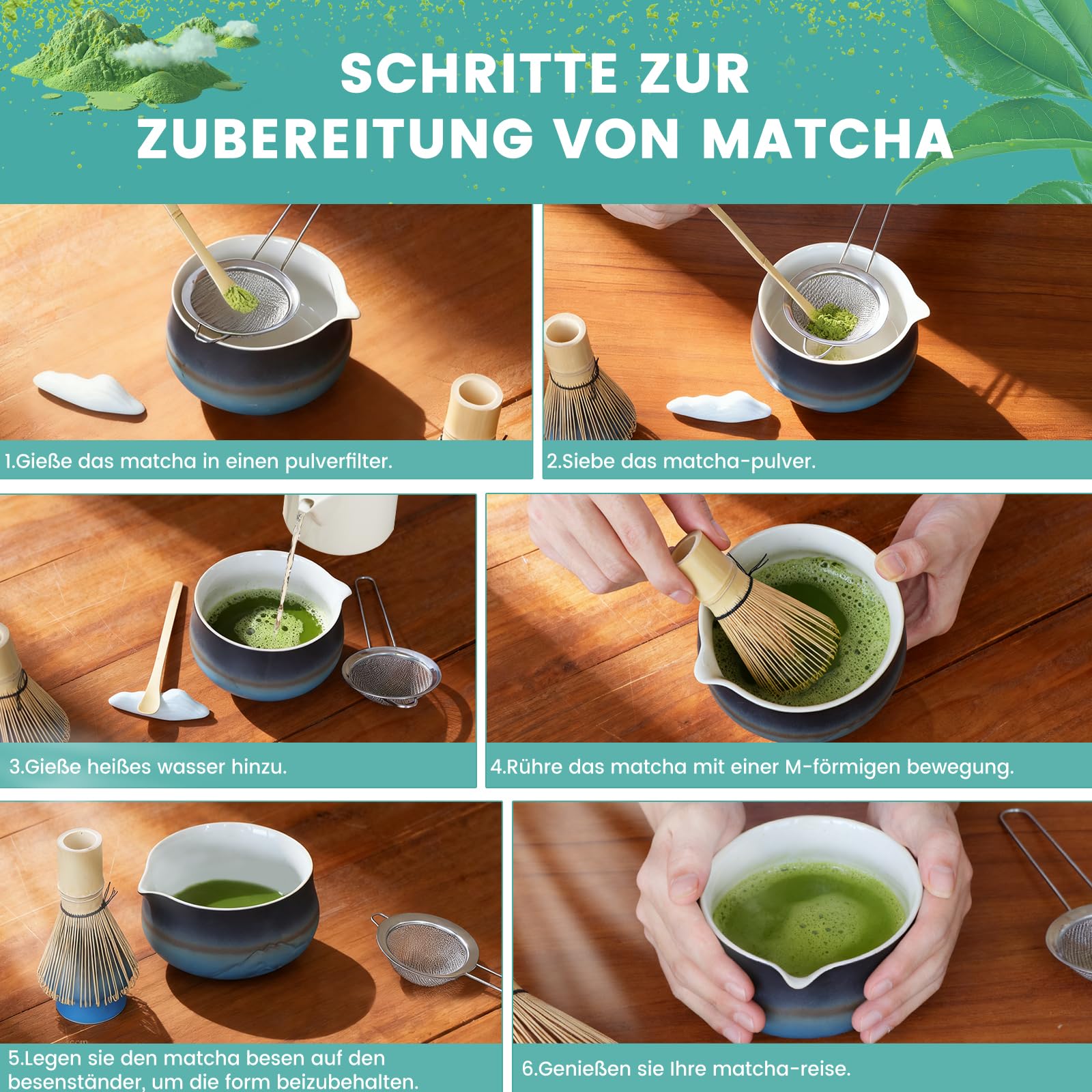 Chasen Chashaku Set Set Matcha Giapponese Autentico: 4 Ciotole Ceramica Dipinte A Mano Con Frullino E Cucchiaio - Confezione Regalo Completa Chasen E Chashaku Bambù