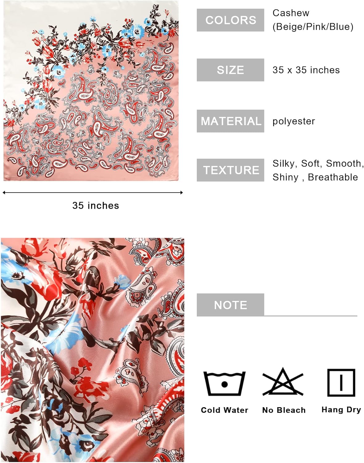 AWAYTR 35” Large Square Satin Head Scarf - 3Pcs Satin Hair Scarves Silk Bandana Scarf Headscarf Silk Feeling Scarf for Women - Image 2