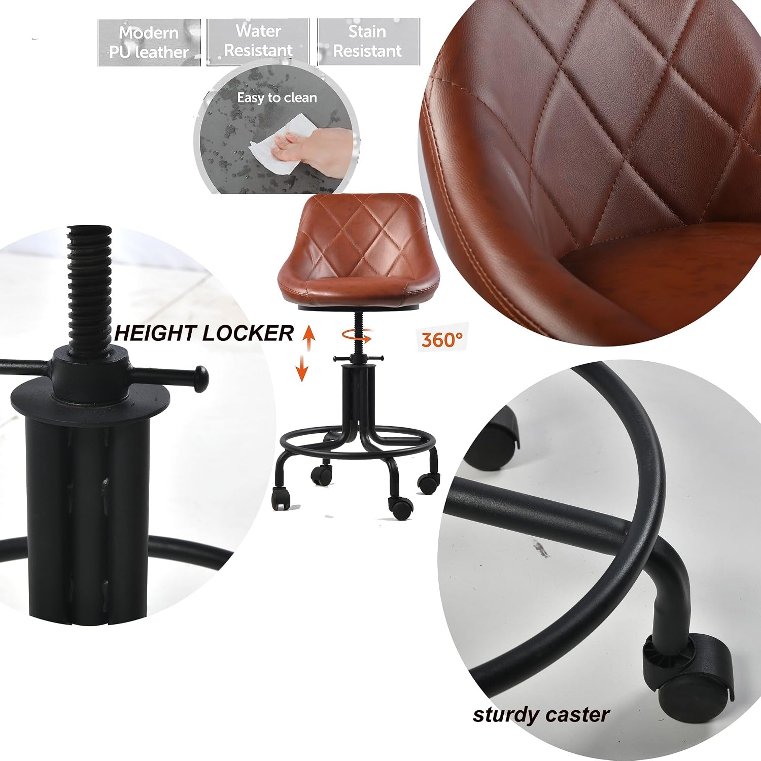 Industrial Office Chair with Backrest on Wheels Vintage Rolling Shop Stools with Wheels for Garage Swivel PU Seat Drafting Stool for Workbench 19.7-23.6inch Height Adjustable Bar Stool