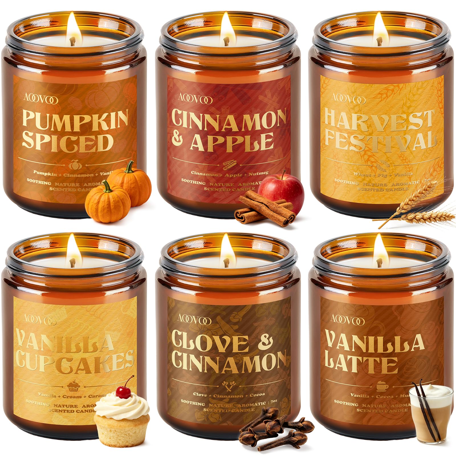 AOOVOO Duftkerze herbst geschenkset 6 er Kerzen im glas für Innenbereich | Sojawachskerzen für Zuhause/fraue/männer , Kürbiskuchen gewürz/zimt/vanille Cupcake/erntefest/nelkenzimt/vanille latte