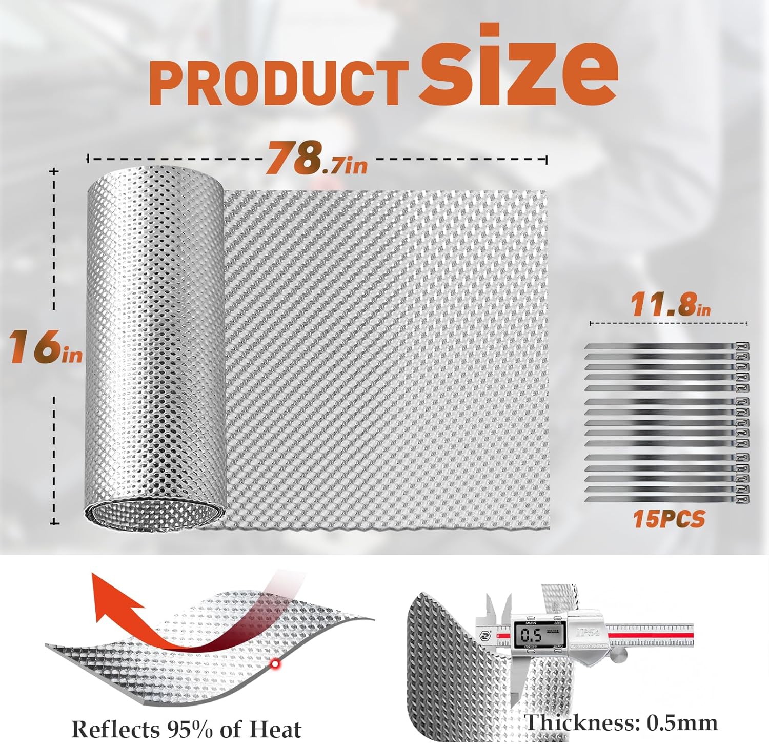 Exhaust Heat Shield Automotive, 16" x 78.7" Heavy Duty Embossed Aluminum Heat Shield Wrap - Reflects 95% of Radiant Heat, Muffler Exhaust Wrap for Car, with 15 Metal Ties