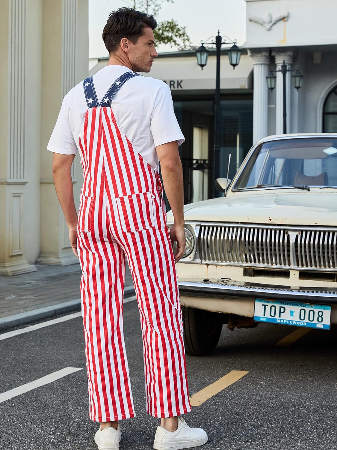Men's Patriotic American Flag Overalls with Zipper Denim Adjustable Straps Bib Coveralls 4th of July Jumpsuit
