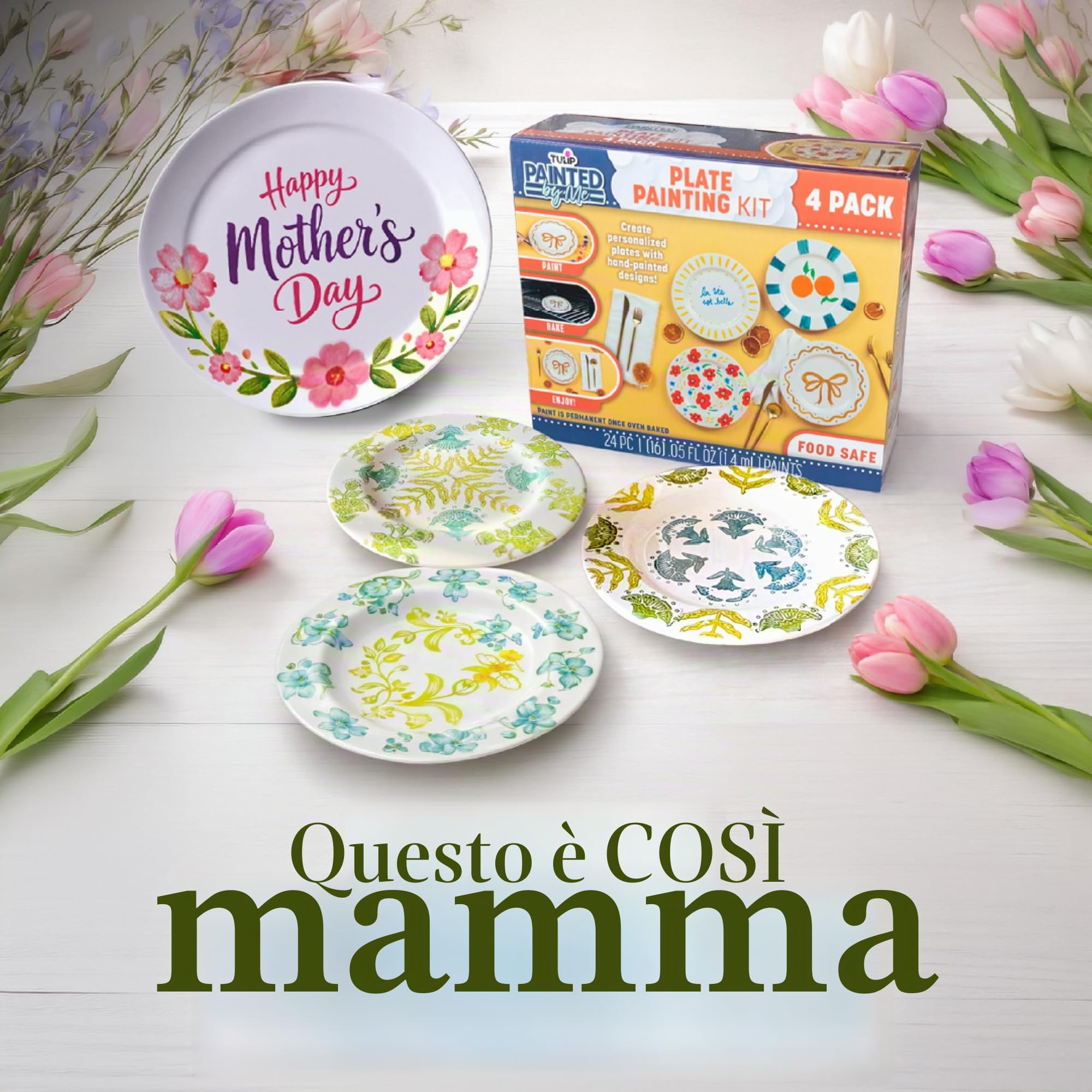 Kit per Pittura in Ceramica Tulip Dipinto da Me – 4 Piatti Dipingibili, 16 Colori Sicuri per Alimenti & 4 Pennelli, Lavabile in Lavastoviglie, Dipingi la Tua Ceramica a Casa