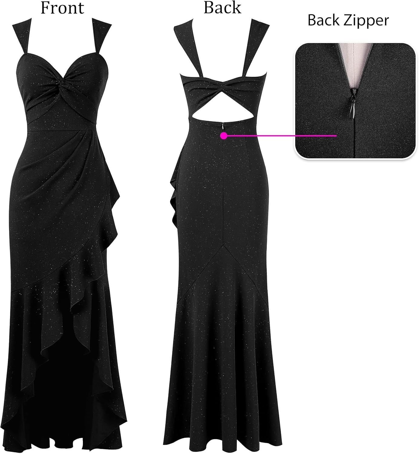 VFSHOW Womens Glitter Sweetheart V Neck Twist Front Backless Ruched Ruffle Slit Formal Evening Gown Maxi Dress - Image 4