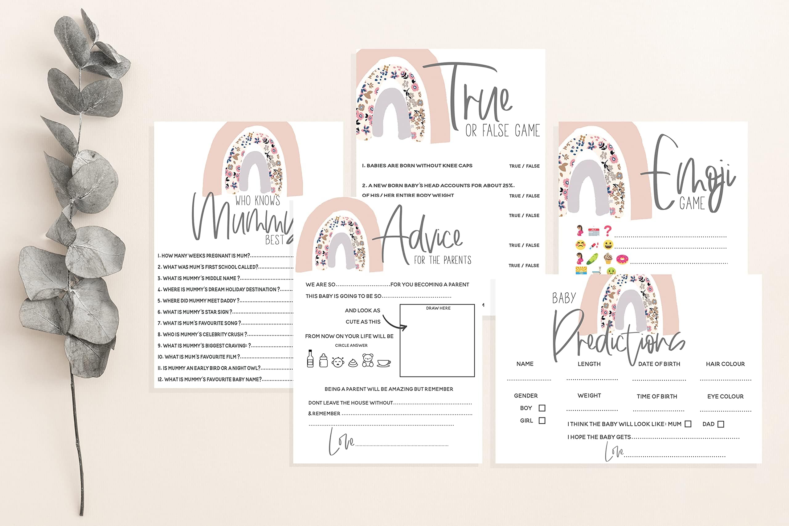 Ditsy Rainbow Baby Shower Game Bundle - 5 in 1 Gender Reveal, Pastel Rainbow, Party Pack