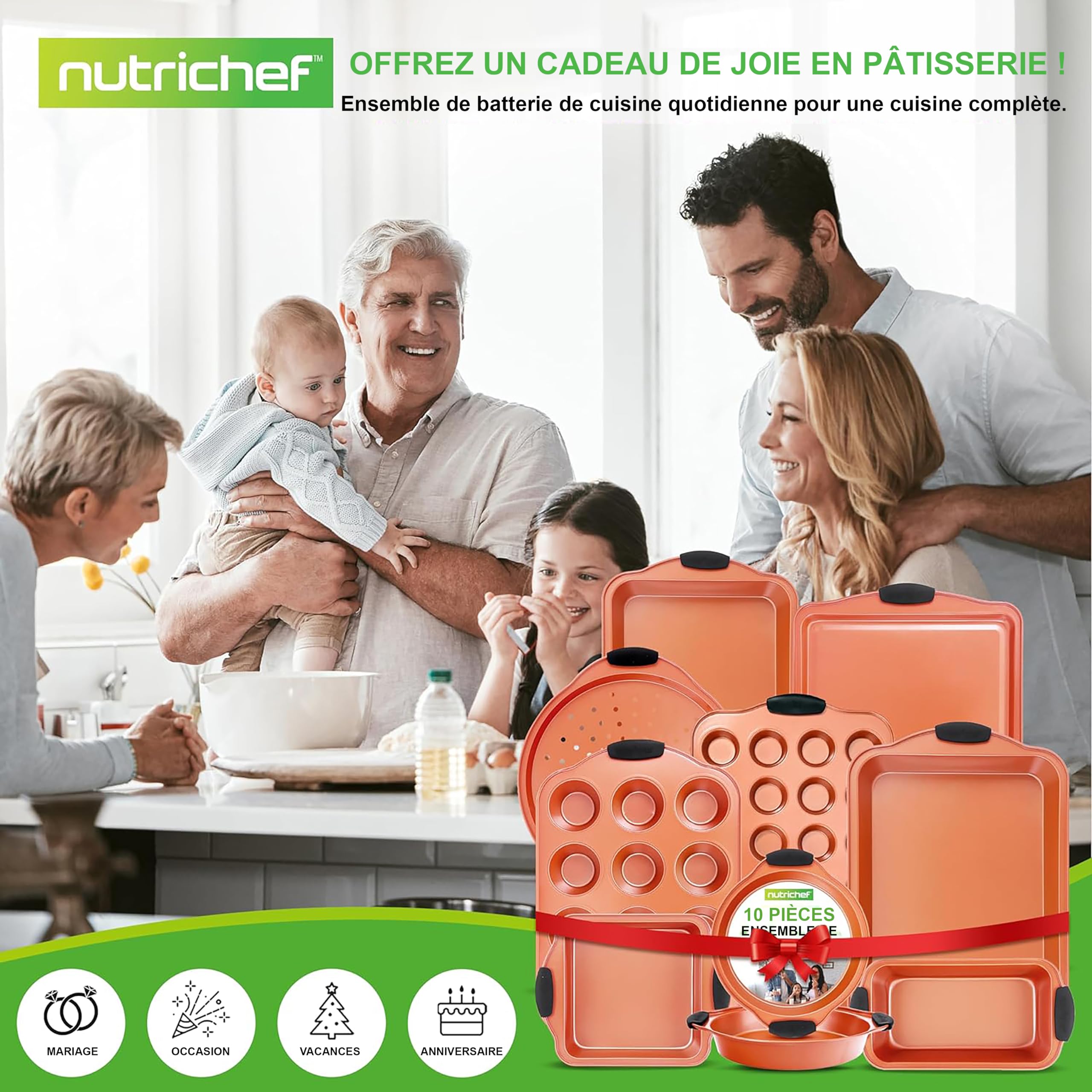 NutriChef, Moules à Pâtisserie, Set de Moules Antiadhésif, Inclus; Plaque à Biscuits,Plaque à Pizza,Plat à Rôtir,Forme à Gâteau-Pain-Muffin, Plateau Carré,Plat Cuisson Four, 10 Pièces