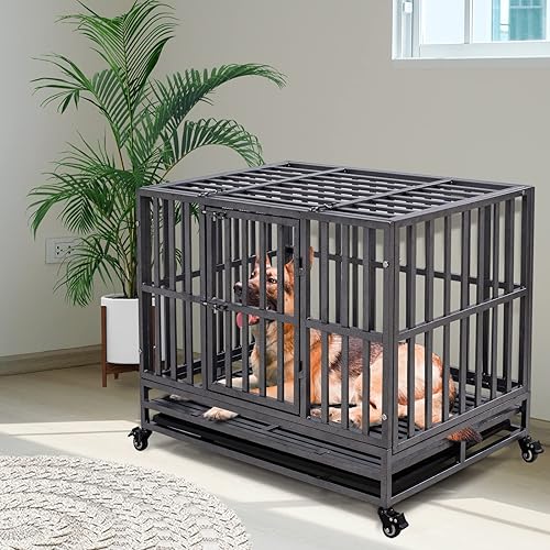 Miniatura 5 de Holiwei Jaula de perro indestructible de 38 pulgadas XL de metal para perros grandes, jaula de perro a prueba de escapes con ruedas, bandeja