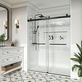 Frameless Double Sliding Shower Door, 56"-60 "W x 76 "H 3/8" (10mm) Clear Tempered Glass, Waterproof Bathroom Shower Door,Matte Black Finish DS01