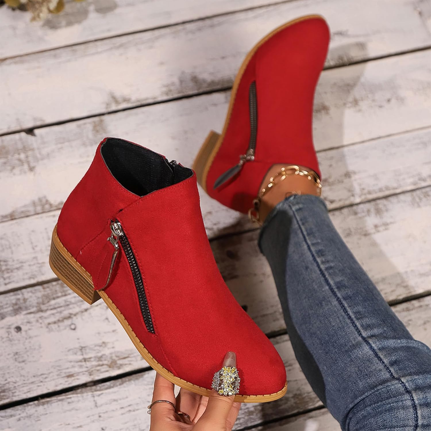 Women'S Suede Chunky Heel Walking Ankle Boots With Side Zipper Retro Pointed Toe Low Block Heel Comfortable Work Boots Stylish Everyday Non-Slip Boot