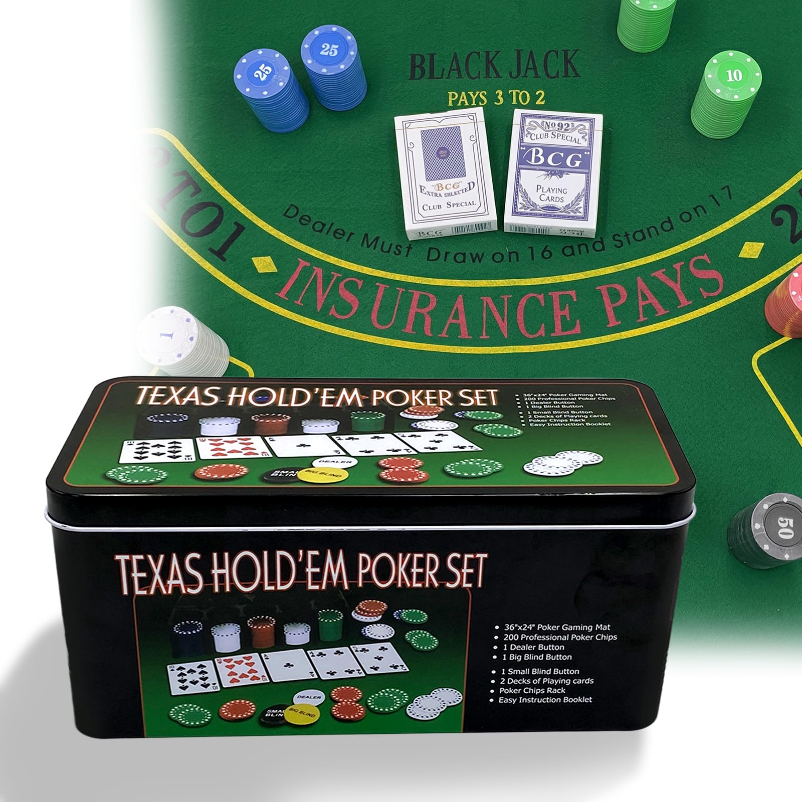 Set da Poker 200 Fiches, Texas Holdem Poker Set in Scatola di Metallo con Tappeto, 5 Colori Fiches Numerate per Serata Giochi, Set Texas Holdem Completo per Adulti (Set da Poker 200 Fiches)