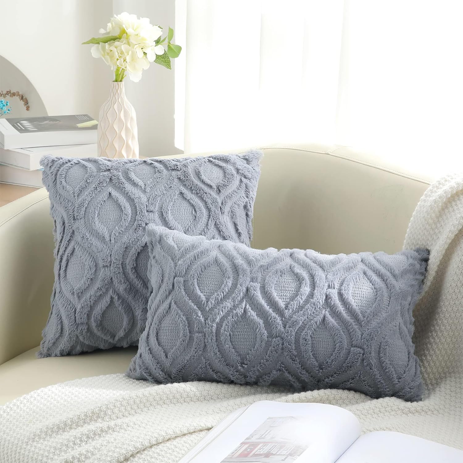 decorUhome Throw Pillow Covers 18x18 Inch Set of 2, Soft Plush Faux Wool Blue Grey Couch Pillow Covers, Spring Solid Dyed Accent Pillow Cases for Sofa Bed Living Room Home Decor - Image 6