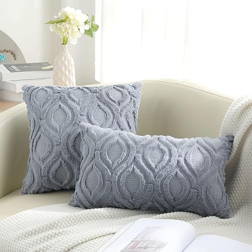 Miniatura 6 de decorUhome Juego de 2 fundas de almohada de 12 x 20 pulgadas, fundas de almohada de felpa suave de lana sintética azul gris sólido para sofá, cama,