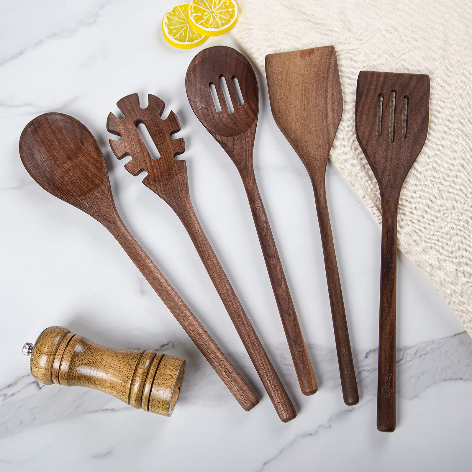 Standcn Küchenutensilien-Set aus Holz, 6 Stück, schwarzes Walnussholz, Löffel und Spatel, Set zum Kochen, hitzebeständig, antihaftbeschichtet