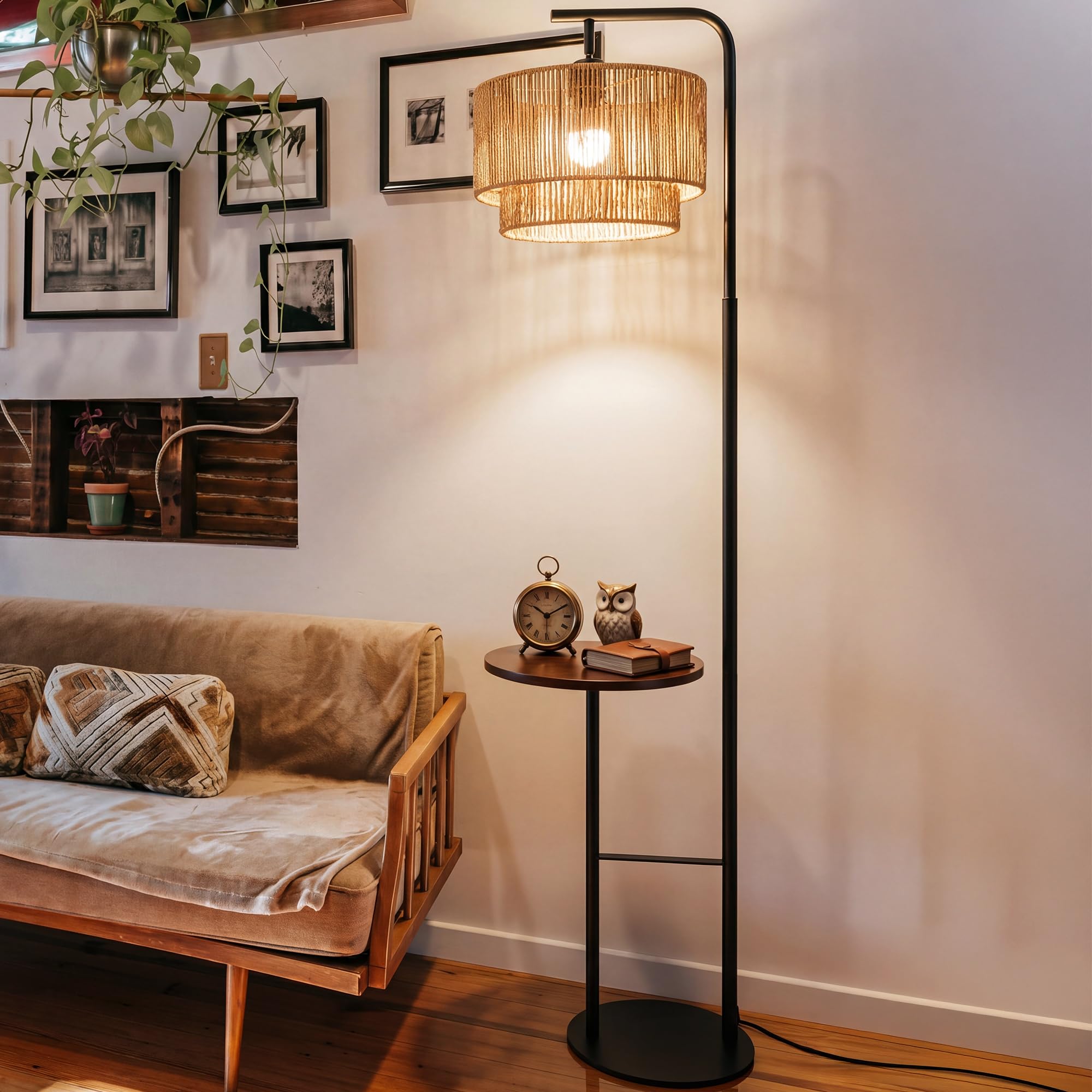 LuminexDesigns Rattan Floor Lamp for Living Room, Vintage Rustic Standing Lamp Boho Adjustable, Tall 173cm, Double Layer Shade, 2.6kg Weight Base,Black Light for Bedroom, E27 Bulb Required WOVI FL12