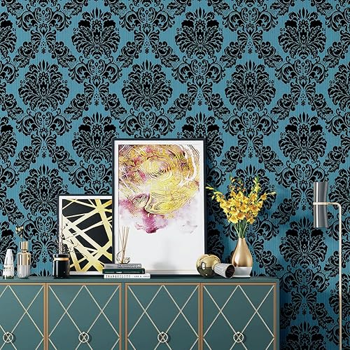 Miniatura 2 de Papel tapiz de damasco, papel de pared para despegar y pegar, color azul, extraíble, autoadhesivo, revestimiento para estantes, papel de contacto,