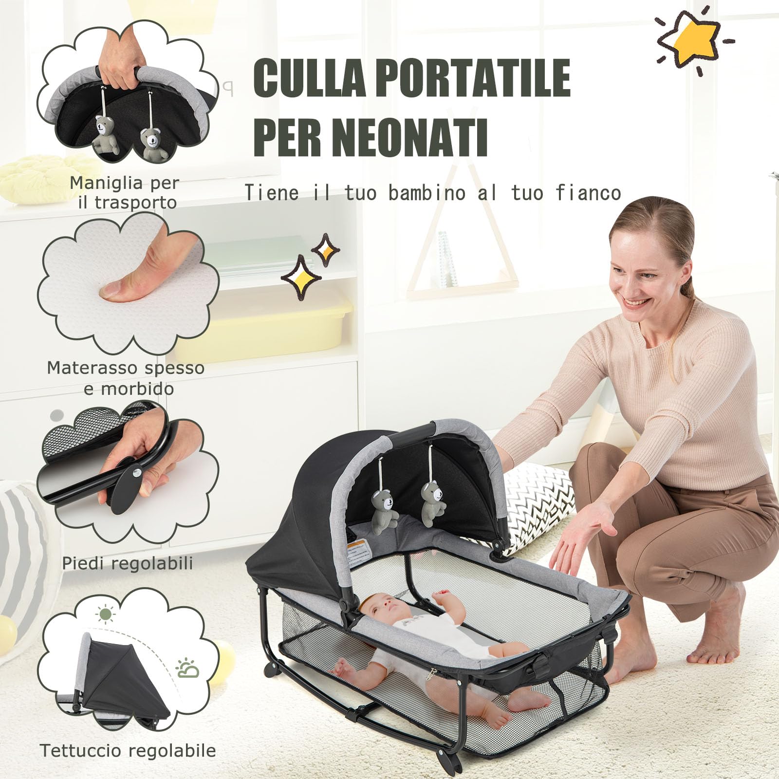 RELAX4LIFE 5-in-1 Lettino da Campeggio per Bambini, Culla Neonato Fianco Letto, Lettino Neonato con Materasso, Ruote Bloccabili e Borsa per il Trasporto, per Bambini 0-36 Mesi (Nero)