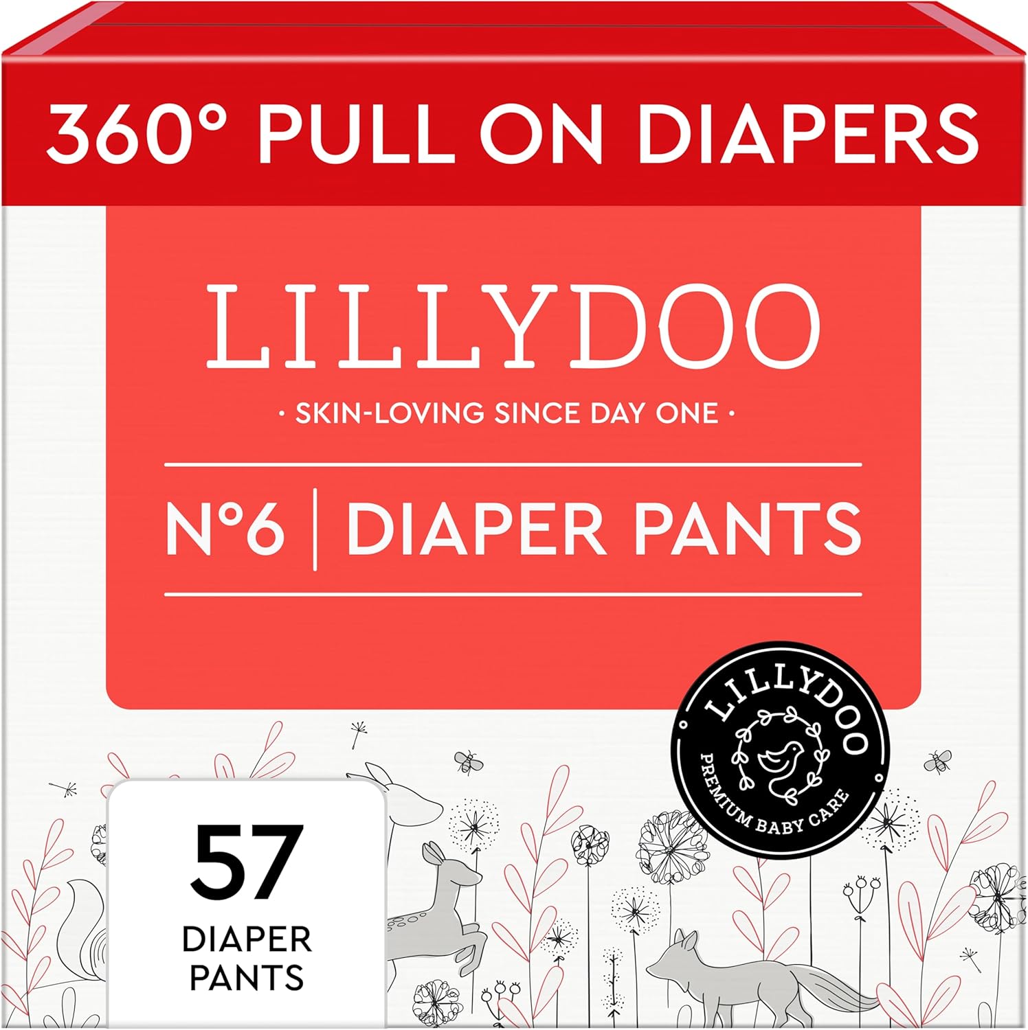 LILLYDOO Diaper Pants Toddlers - Size 6 (29+ lbs), Half-Monthly Supply (57 Count), Skin-Friendly, Ultrasoft, Chlorine-Free, Snug Fit & Absorbent Pull On Diapers