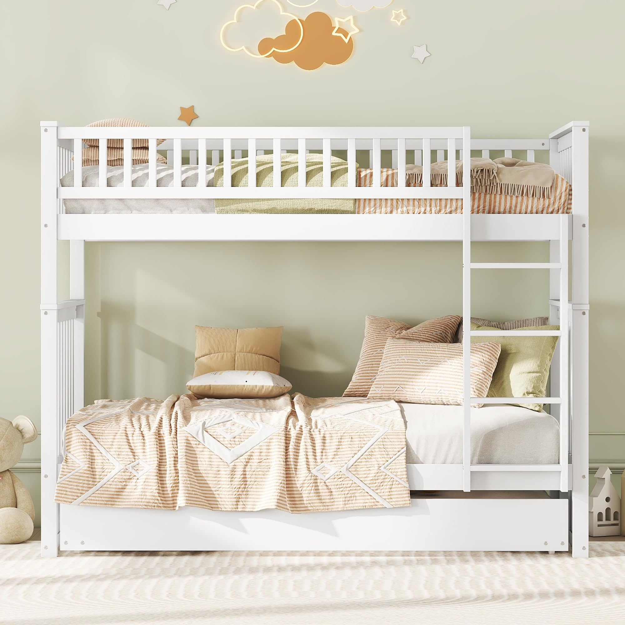 Letto A Castello KAZZIO 90x200cm - Con Cassetti, Convertibile, In Legno Di Pino, Bianco