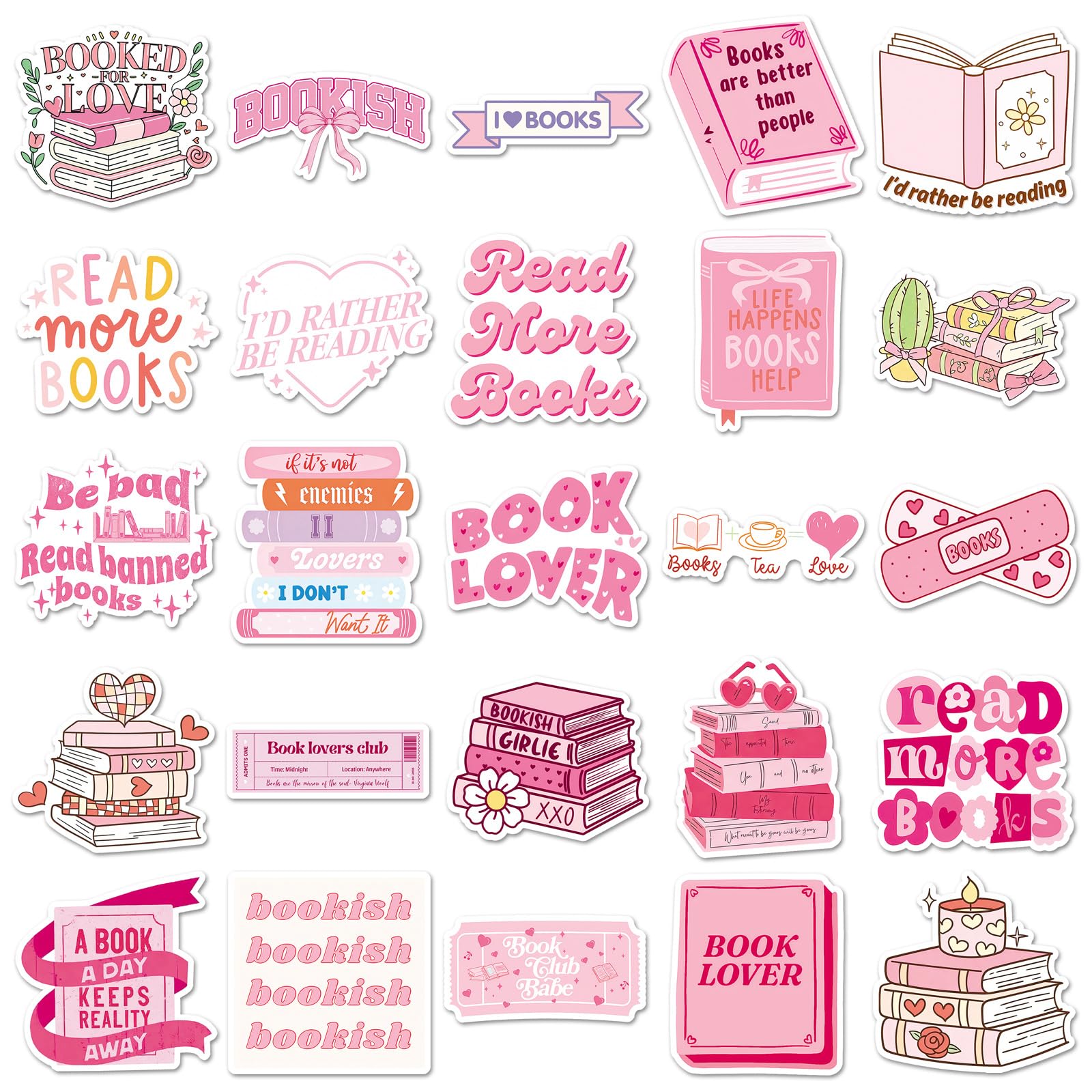 50 adesivi rosa per amanti dei libri, impermeabili, in vinile, per laptop, skateboard, custodia del telefono, bagagli, decorazione estetica per adolescenti, adulti, ragazzi, ragazze