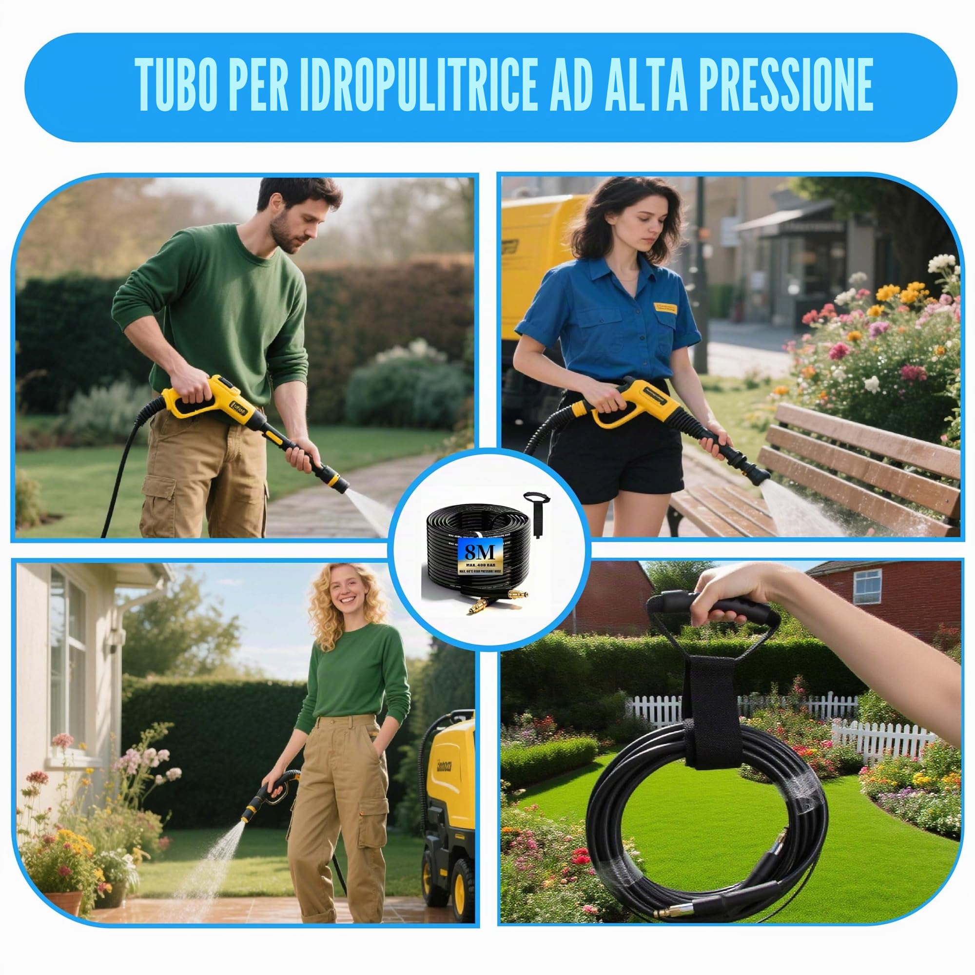 Tubo ad alta pressione da 8 m per Kärcher K2 K3 K4 K5 K7, 400 Bar (5800 PSI) con sistema Quick-Connect-Click, pratico tubo di prolunga e di ricambio con cinghia di immagazzinaggio