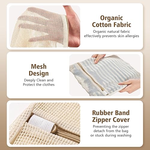 Miniatura 3 de HEAVYWOOD 6 piezas de malla de algodón orgánico bolsa de lavado para lavadora, bolsas de lencería para lavar prendas delicadas con cremallera