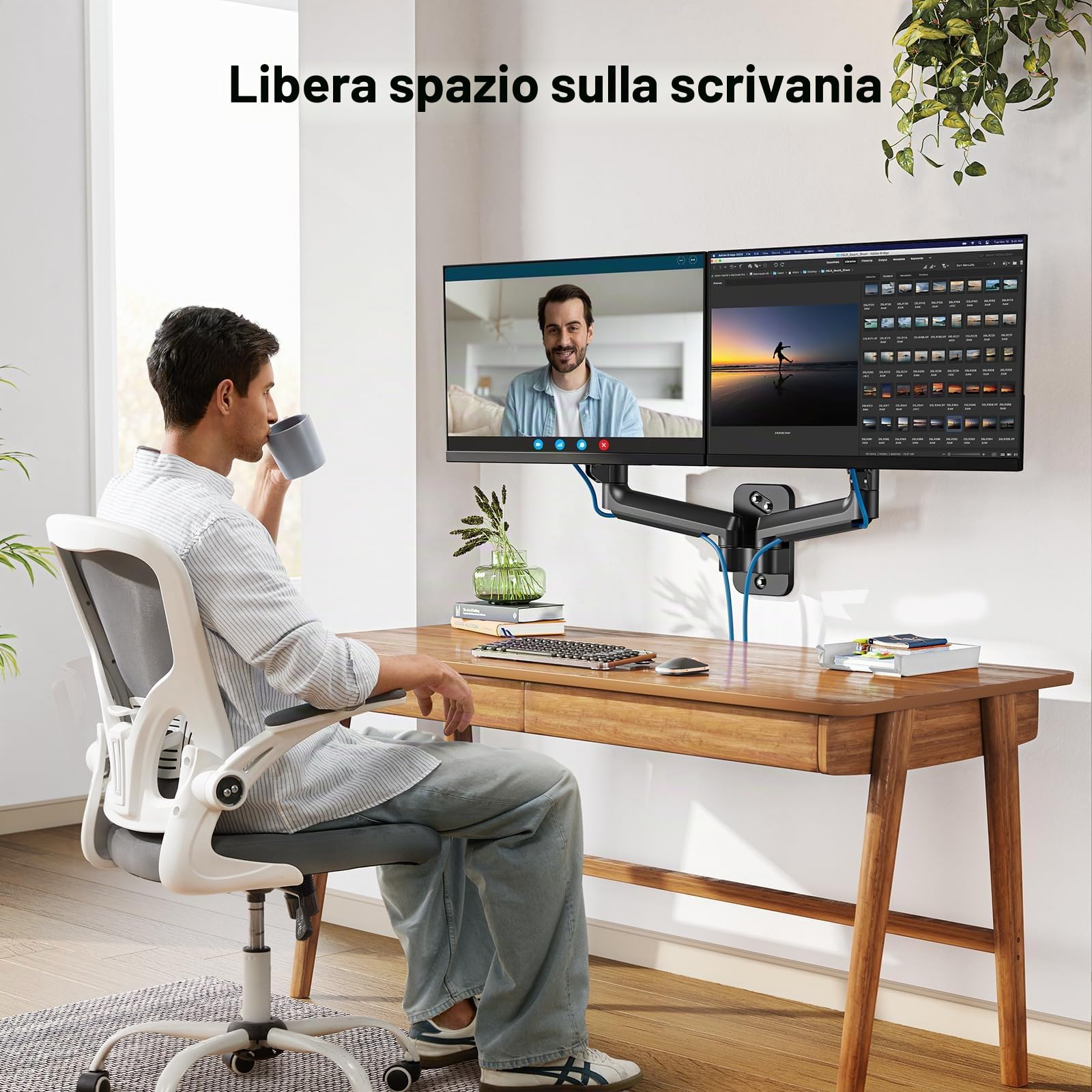 HUANUO Doppio Supporto a Parete per Schermi da 17 a 32 pollici, Supporto per Monitor a Parete con Pistone a Gas, Doppio Braccio per Monitor Supporto VESA 75/100 mm, capacità di carico 2-8kg