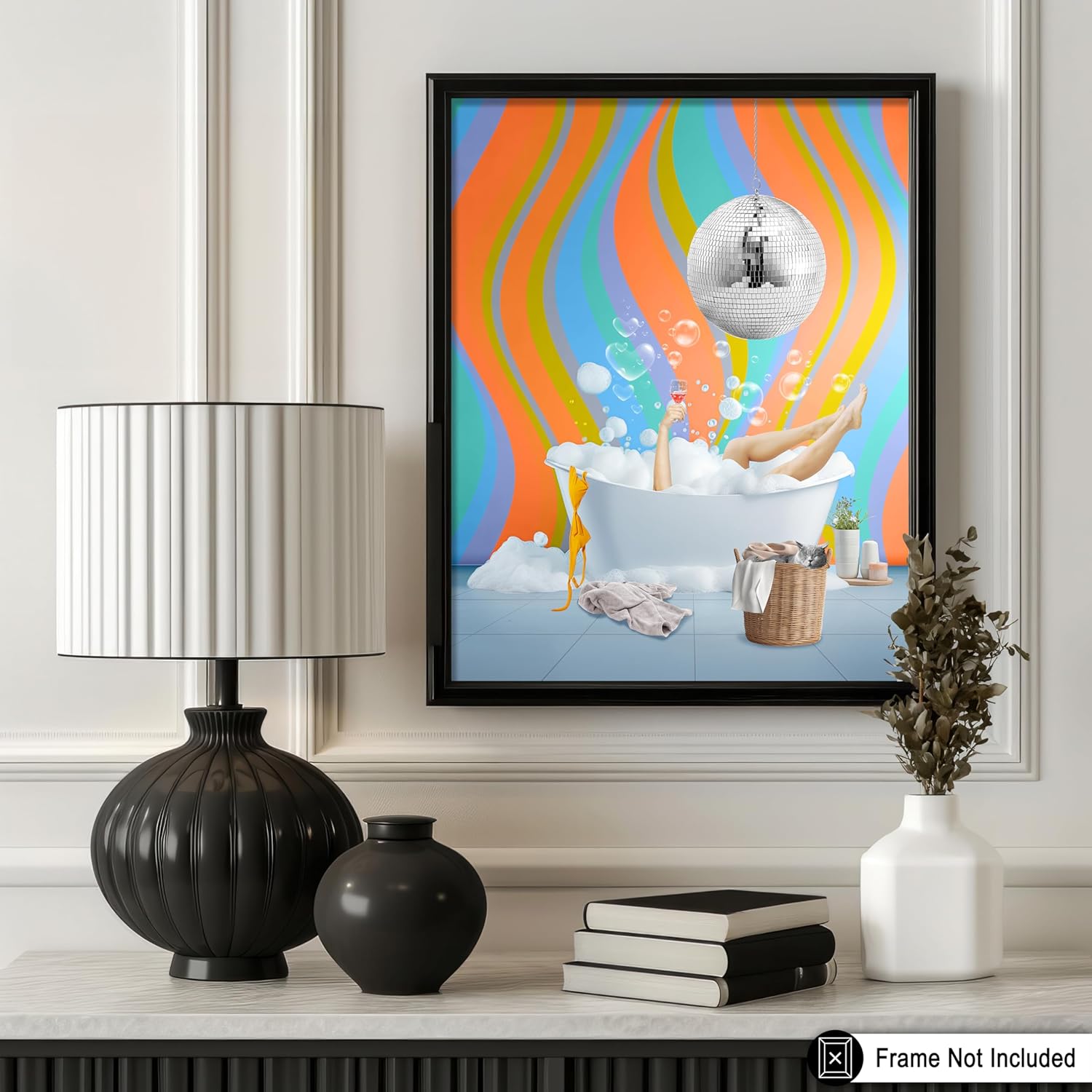 Poster Master Drinking In The Bath Tub Poster - Retro Disco Ball Print - Pop Art - Girly Design - Modern Artwork - Trendy Illustration - Great Bathroom or Bedroom Wall Decor - 18x24 UNFRAMED