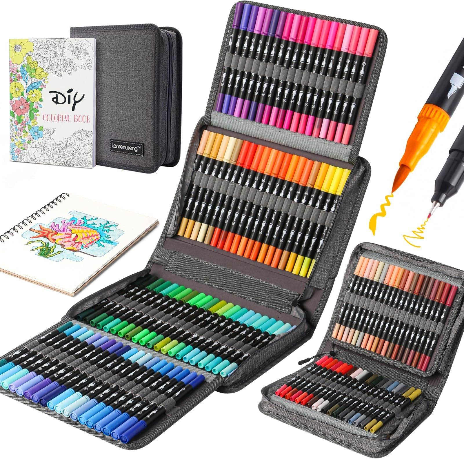 120 Colors Duo Tip Art Markers,LANRENWENG Fine Brush Tip Colored Pens Set with Canvas Bag,Markers Gift for Adult Coloring Books Drawing Sketching Bullet Journaling Calligraphy