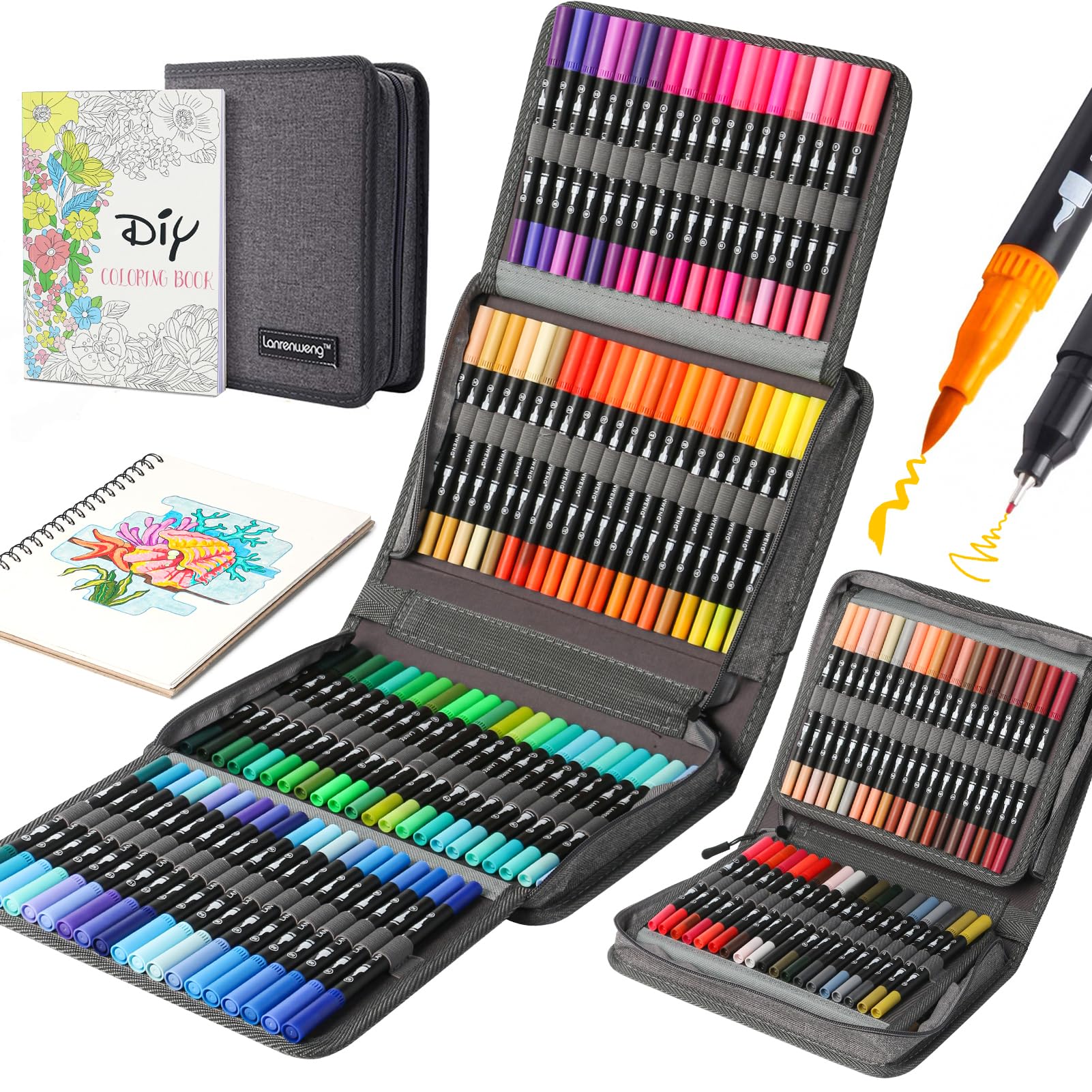 nobrand 120 Colors Duo Tip Brush Markers Art Pen Set,LANRENWENG Fine Brush Tip Colored Pens Set with Canvas Bag,Markers for Adult Coloring Books Drawing Sketching Note taking Lettering Calligraphy