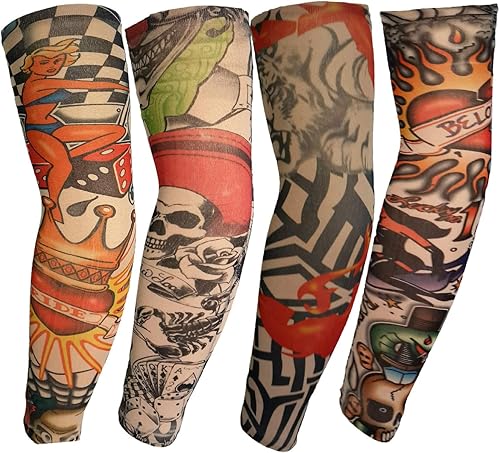 Miniatura 1 de QWEQWE Juego de 4 piezas de tatuajes falsos mangas de protección solar temporal diseño de tigre corona corazón calavera tribal etc accesorios de