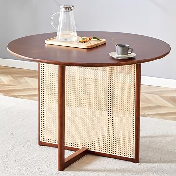 42 Wood Dining Table, Round Walnut Kitchen Table, Dining Room Table with Rubber Wood Tabletop, Rattan Farmhouse Table with Adjustable Feet for 4-6 People, Ideal for Kitchen, Dining Room.