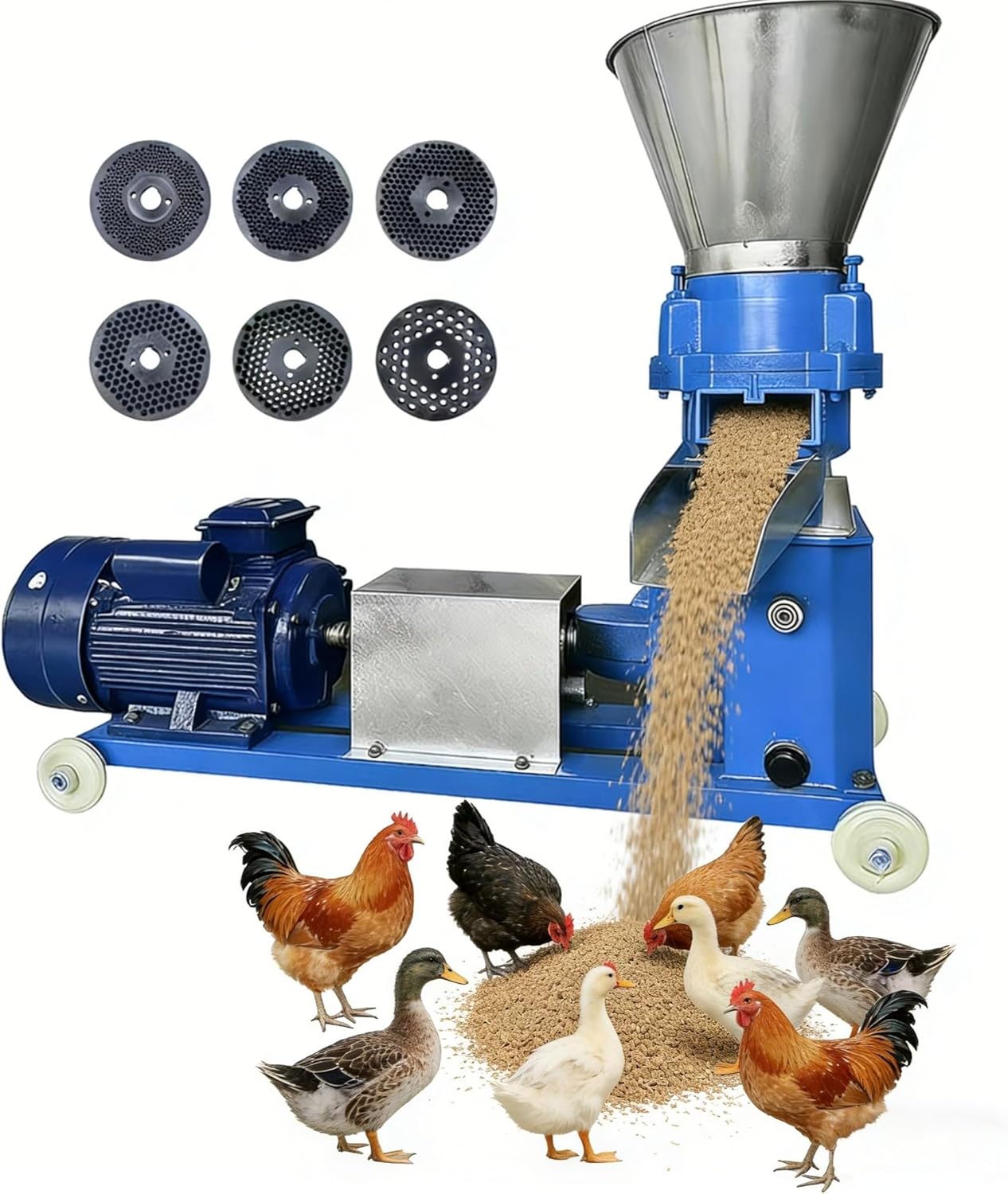 220V Pellet Mill Machine Animal Feed with 6 Grinding Discs 2.5/3/4/5/6/8mm, Animal Pellet Feed Mill Machine 5.5KW Copper Motor 220-440lb/h with Air Switch 3 Head Rollers and A Splash Plate