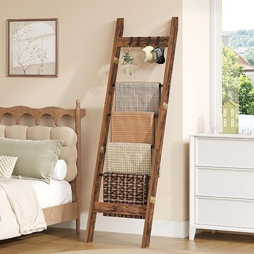 Hzuaneri Blanket Ladder for Living Room, Decorative Quilt Rack with 4 Removable Hooks, 5-Tier Farmhouse Ladder Holder Shelf Organizer for Bedroom, Rustic Brown and Black 02101BBR