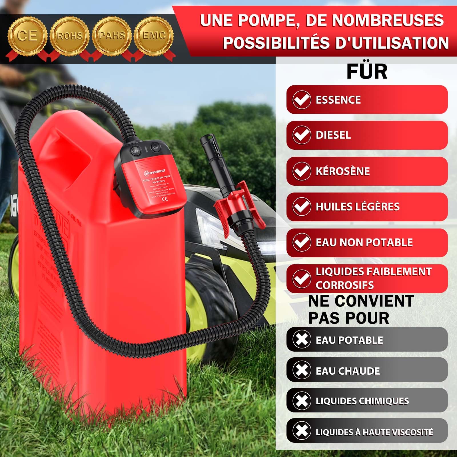 moveland pompe essence electrique 2.2 GPM, sur batterie, 4 adaptateurs | Arrêt automatique, Transfert de liquides efficace, sûr et propre, Pour diesel, essence, voiture, tracteur, tondeuse à gazon