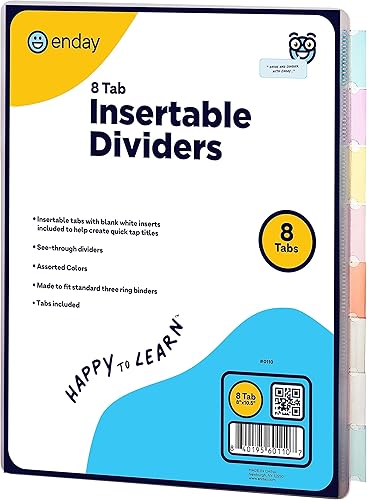 Enday 8 separadores para carpeta de 3 anillas, carpeta de índice estándar, plástico multicolor con pestañas insertables blancas en verde, azul,