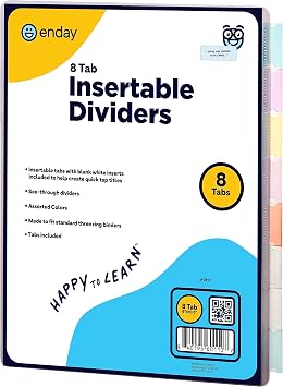 8 Dividers for 3 Ring Binder Standard Index Folder Dividers, Plastic Multicolor Dividers with White Insertable Tabs, in Green, Blue, Pink, Purple, Red, Grey, White, and Light Blue By Enday