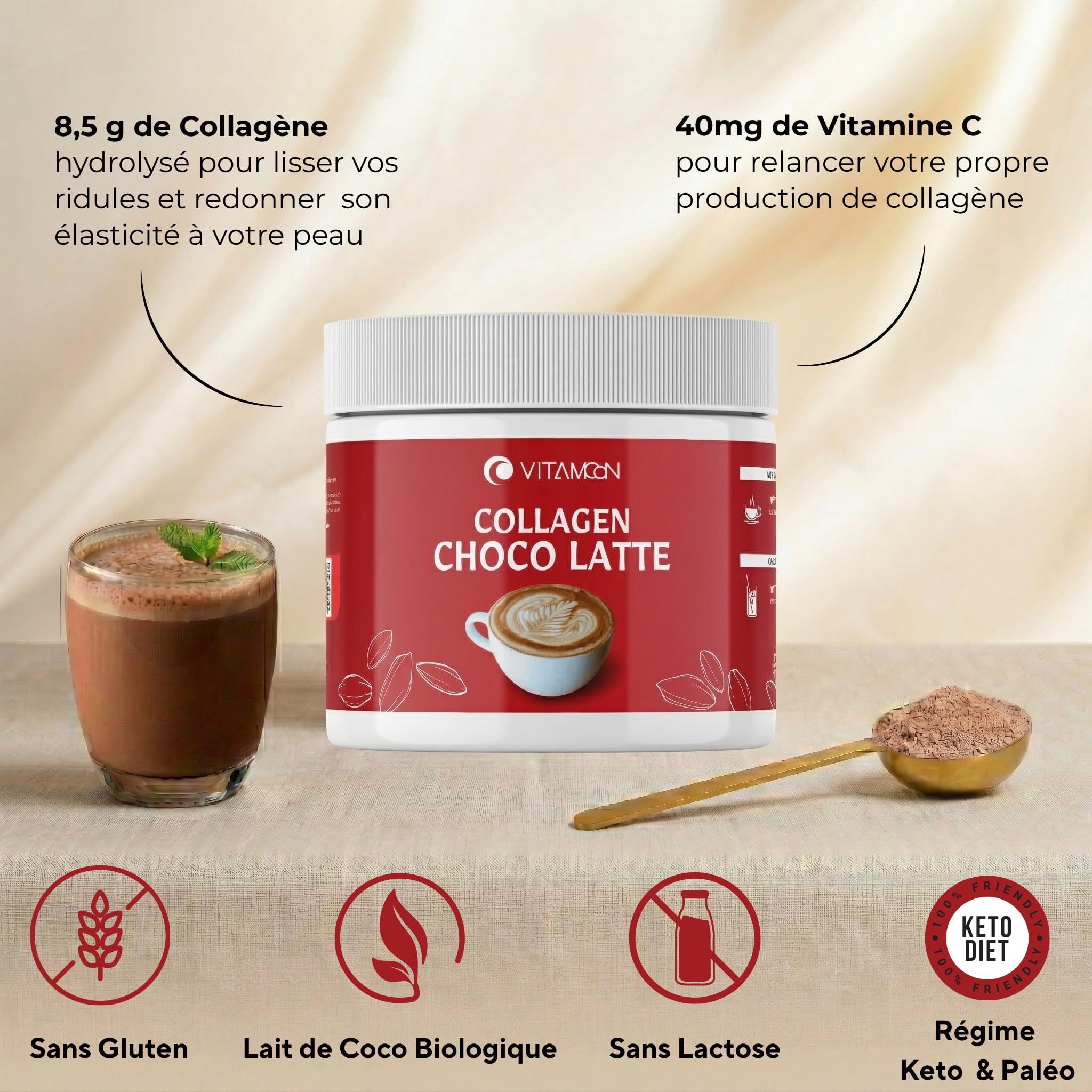 Vitamoon - Collagène Poudre Cacao - 8500mg - Peau Cheveux Articulations