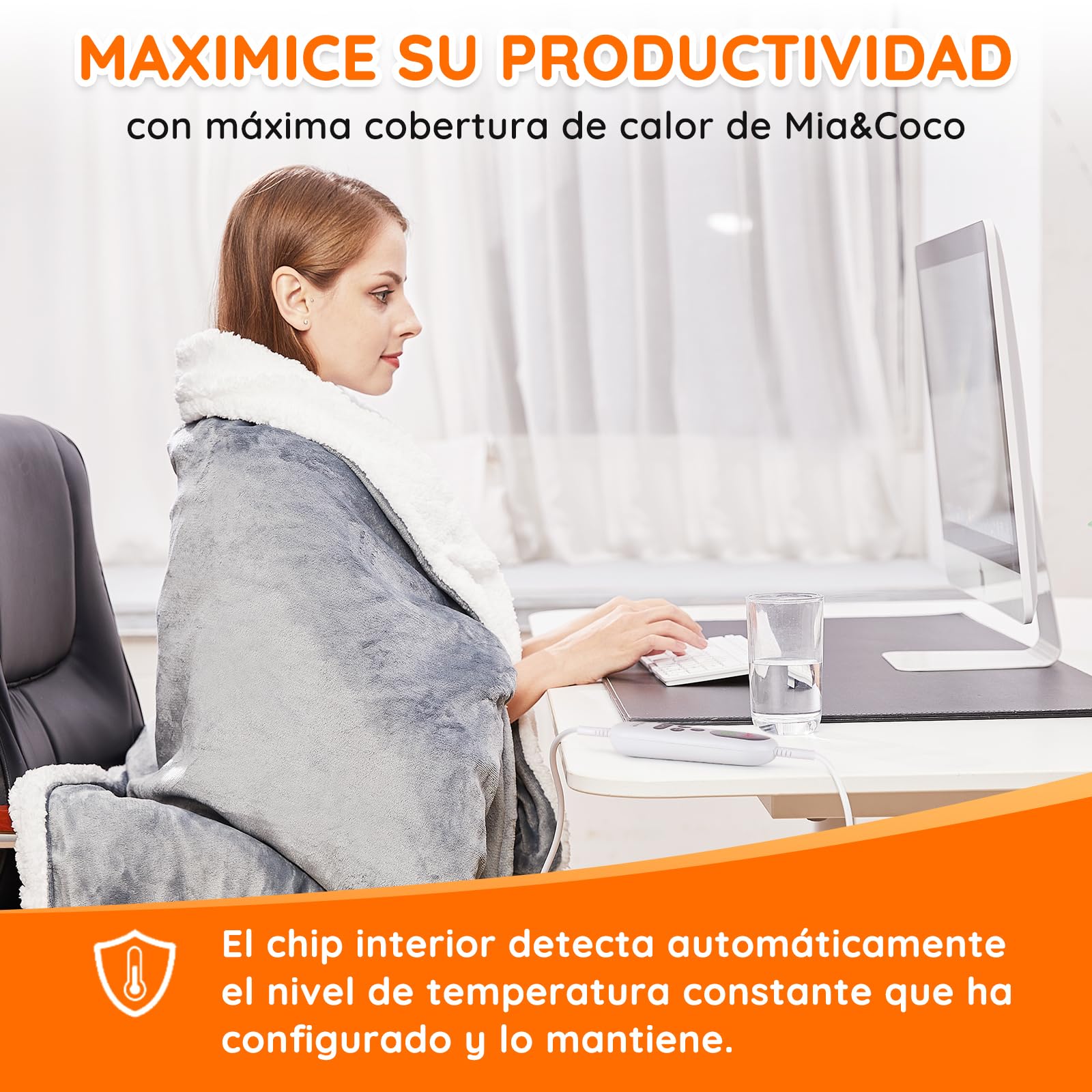Mia&Coco Manta eléctrica Apagado automático, 180 x 130 cm, 10 Niveles de Calor, Temporizador de Apagado automático de 9 Horas, protección contra sobrecalentamiento, Lavable a máquina, Gris