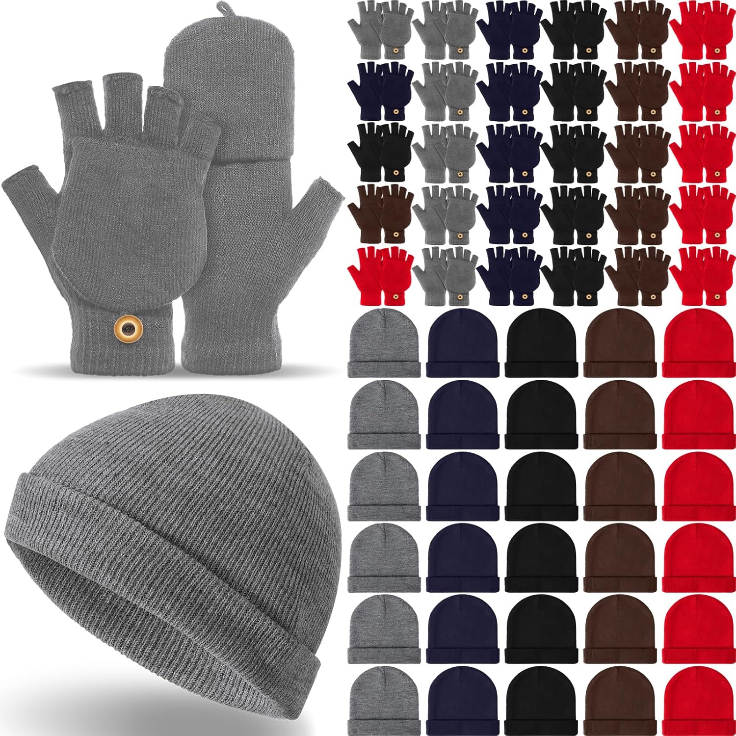 Geyoga 10/30/60 Pcs Winter Beanies and Gloves Warm Knitted Hats Flip Fingerless Mittens Cold Gift for Men Women Homeless Care